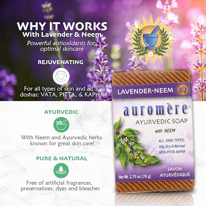 Auromere Ayurvedic Bar Soap, Lavender Neem - Eco Friendly, Handmade, Vegan, Cruelty Free, Natural, Non GMO (2.75 oz), 5 pack