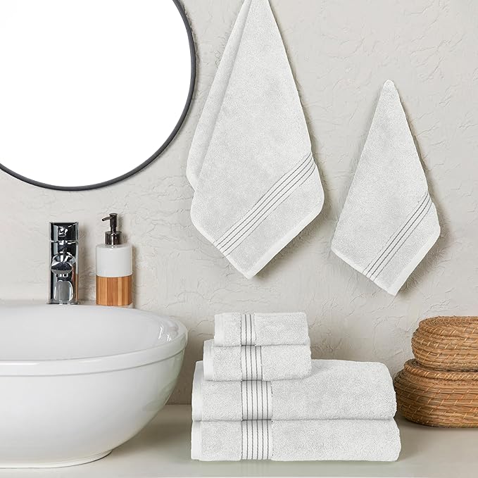 Elegant Comfort Premium Cotton 6-Piece Towel Set, Includes 2 Washcloths, 2 Hand Towels and 2 Bath Towels, 100% Turkish Cotton - Highly Absorbent and Super Soft Towels for Bathroom, White/Gray