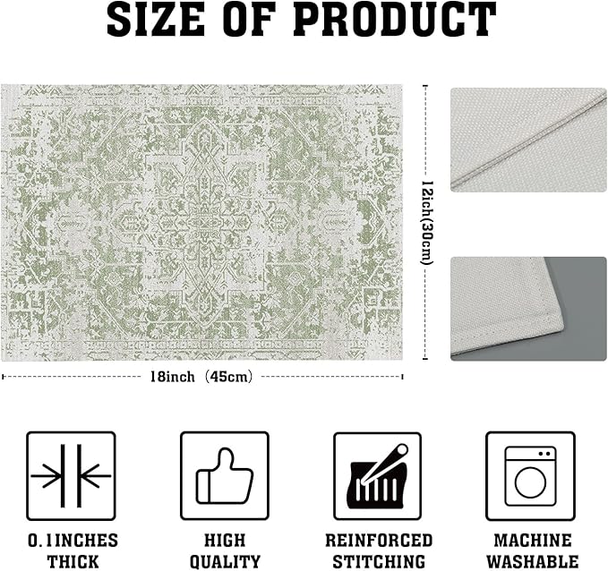 Gray Light Green Boho Placemats Set of 6 Ethnic Bohemian Carpet Place Mats Washable Kitchen Dining Vintage Grey Geography Floral Linen Table Mats Stain Heat-Resistant for Home Party Indoor 12x18 in