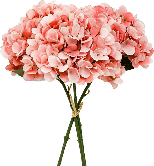 Mandy's 3 Stems Coral Artificial Hydrangea Flowers – 13.7” Realistic Silk Bouquet for Centerpieces, Wedding & Home Decor