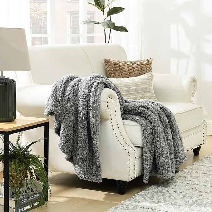 HORIMOTE HOME Ultra Soft Cozy Sherpa Throw Blanket, Grey Pattern Reversible, Light Weight Warm Decorative Boho Style Throw Blanket Cover for Sofa, Couch, Bedroom,Travel, Outdoor,50”x60”