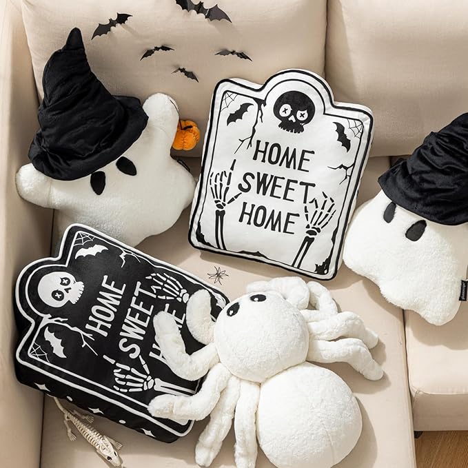Phantoscope Happy Halloween Shaped Throw Pillow, Tombstone Shaped Pillow with Piping, 3D Soft Velvet Skull Halloween Pillow Decorative Cushion Pillow for Couch, White, 18 x 13.5 inch