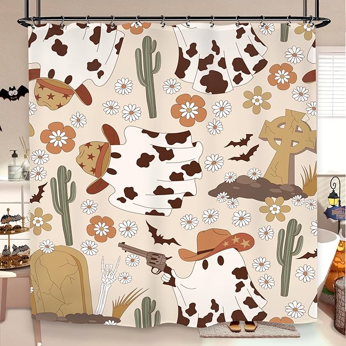 Halloween Ghost Cowboy Shower Curtain 60Wx72L Inch Horror 70s Retro Groovy Western Hippie Funky Trendy Funny Holiday Bathroom Set Accessories Decor with 12 Pack Hooks