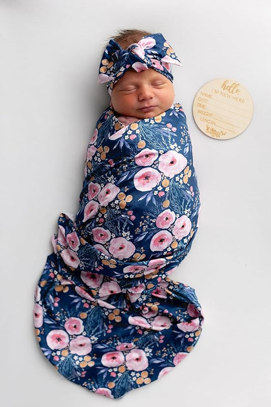 Baby Receiving Blanket Swaddle Blanket Infant Wrap with Matching Headband Beanie and Name Card (Purple)