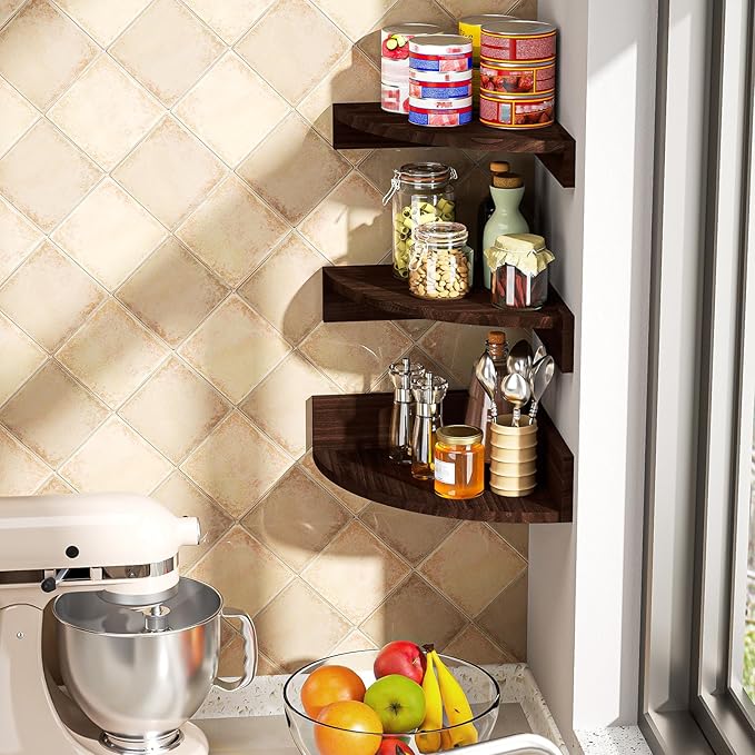 Alsonerbay Corner Shelf Wall Mount, Set of 3 Floating Shelves for Storage and Display, Rustic Wood Shelves for Bedroom, Kitchen, Living Room, Nursery and Office (Dark Brown)