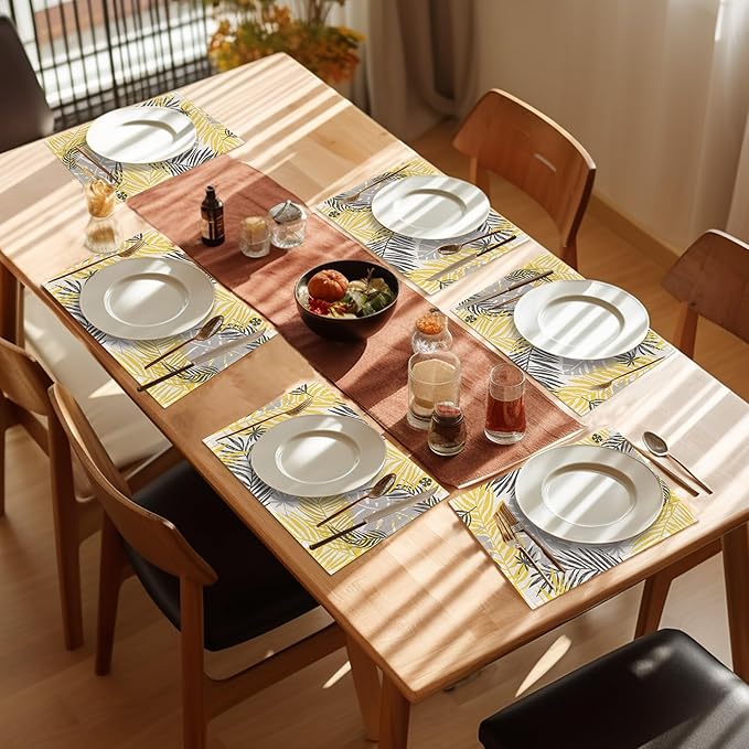 Yellow Gray Leaves Placemats Set of 6,Washable Heat Resistant 12×18 Inch Linen Table Mats Summer Floral Place Mats for Party Outdoor Dining Décor
