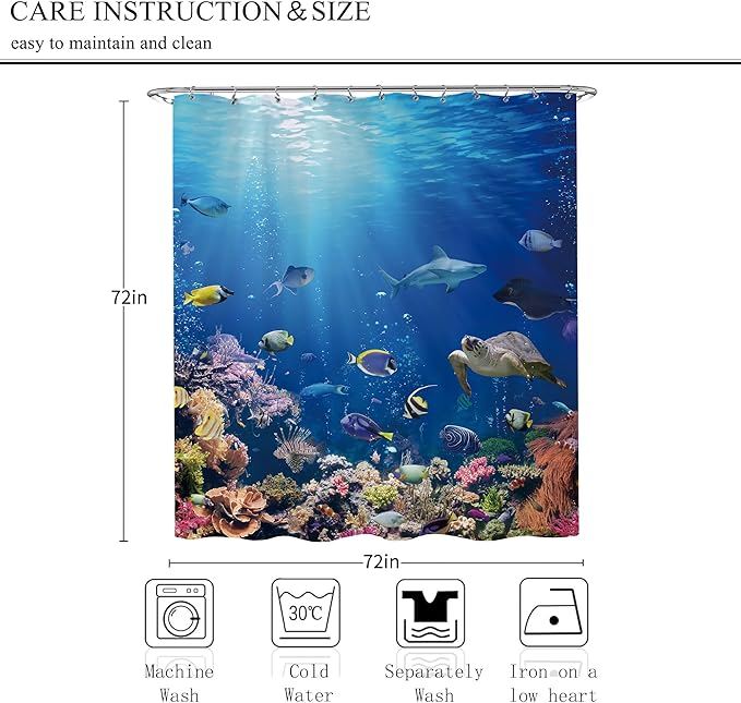 Blue Ocean Fish Shower Curtain 72x72 Tropical Marine Life Under The Sea Shower Curtain for Bathroom Modern Underwater Coral Turtle Bathtub Curtain Nature Blue Summer Beach Bathroom Decor