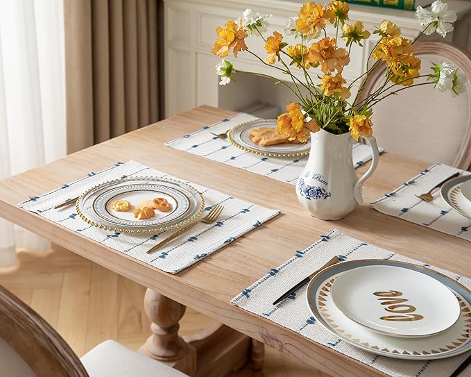 Boho Placemats Set of 6 for Dining Table Decor, Woven Cloth Place Mats for Farmhouse Rustic Kitche Home Decor, Cotton Placemats 13 x 19 Inch, Blue and Beige Table mats