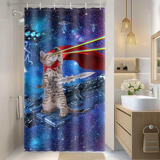 Aimego Stall Small Shower Curtain - Funny Cool Cute Cat on Fantasy Outer Space Galaxy Universe UFO Narrow Half Fabric Cloth Shower Curtain Set for Bathroom Decor Accessories Bath Curtain, 36"x72"