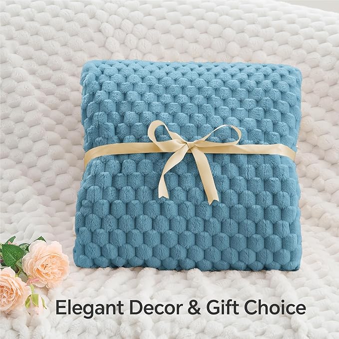 BEDELITE Fleece Blanket Twin for Bed Couch, 3D Jacquard Decorative Blue Throw, Soft Cozy Warm Plush Fuzzy, 60x80Inches