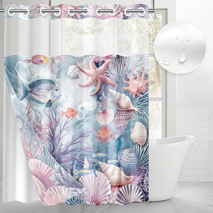 Sea Shells Coral No Hook Shower Curtain with Snap in Liner, Starfish Seashell Underwater Bath Curtain with Double Layers Waterproof Fabric and Mesh Top Window 71x74 Inch