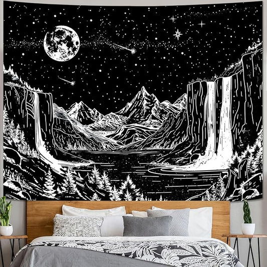 Lunerfex Starry Night Mountain Wall Tapestry - Black and White Celestial Landscape Wall Hanging for Bedroom and Living Room Decor - 3648 Inches