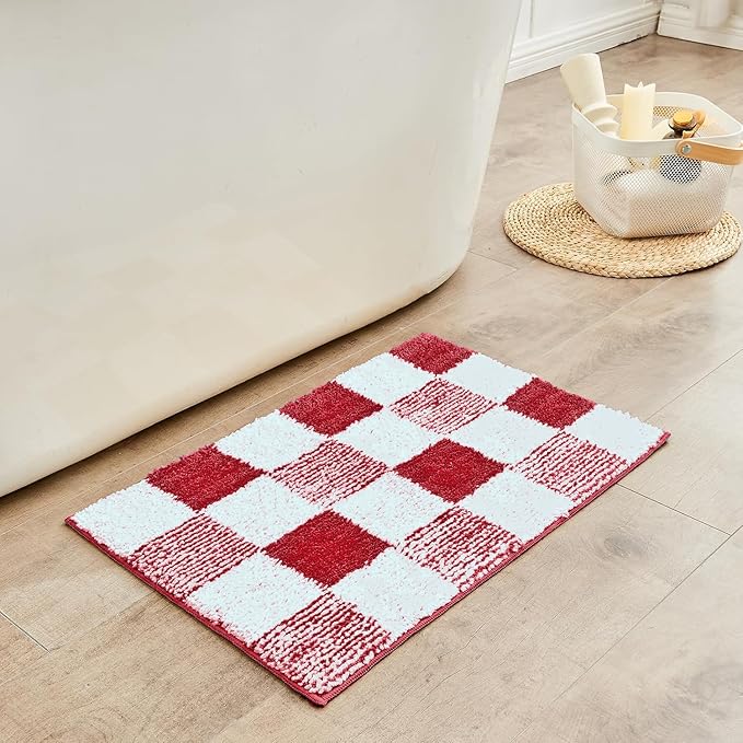 CozeCube Christmas Checkered Bath mats for Bathroom Non Slip, Fluffy Absorbent Microfiber Bath mat Washable, Aesthetic Bathroom Rugs, Cute Bath mat for Shower Sink, Christmas Red, 24" x 16"