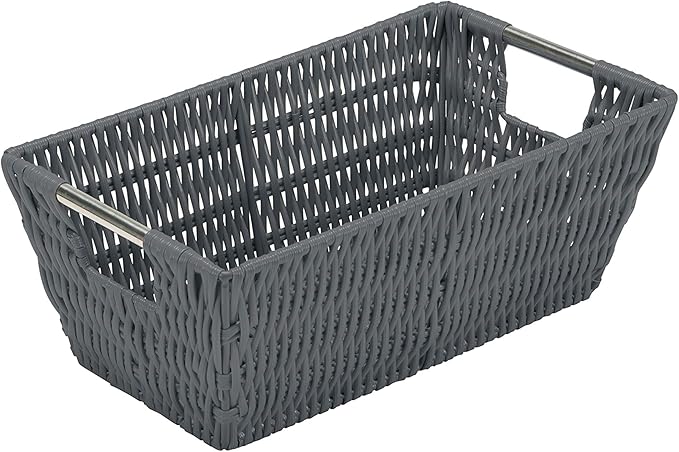 Simplify Small Shelf Rattan Storage Basket | 11.5"x 6.5"x 4.5" | Iron Wire Construction | Carry Handles | Ideal for Home | Dorm | Office | Home Organization | Charcoal