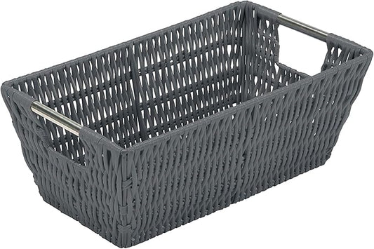 Simplify Small Shelf Rattan Storage Basket | 11.5"x 6.5"x 4.5" | Iron Wire Construction | Carry Handles | Ideal for Home | Dorm | Office | Home Organization | Charcoal