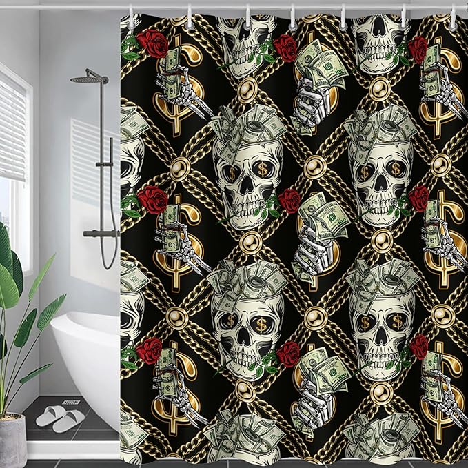 AILONEN Skull Shower Curtain for Boys,Gold Money Skeleton Bath Curtain for Decor,Luxurious Skull Print Shower Curtain with 12 Plastic Hooks,Waterproof 72" W*72" H