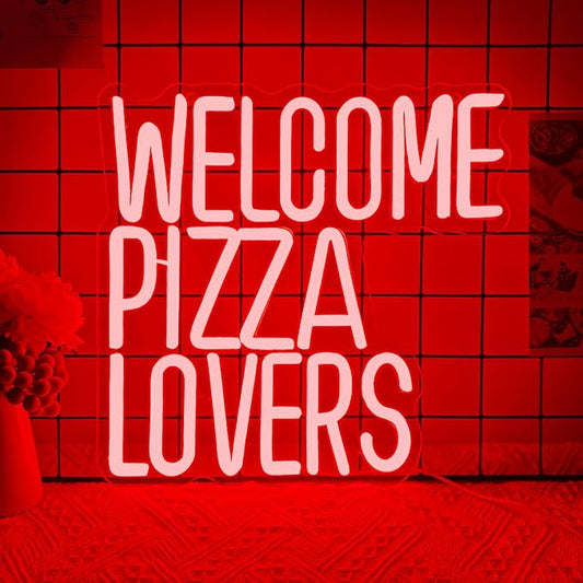 Welcome Pizza Lovers Neon Light, Red Dimmable LED Personalized Pizza Lovers Neon Sign, Family Restaurant Entertainment Room Food Theme Party Wall Neon Sign Decoration, Ideal Holiday Gift For Pizza Lovers, Children, Family (12.9*12.5in)