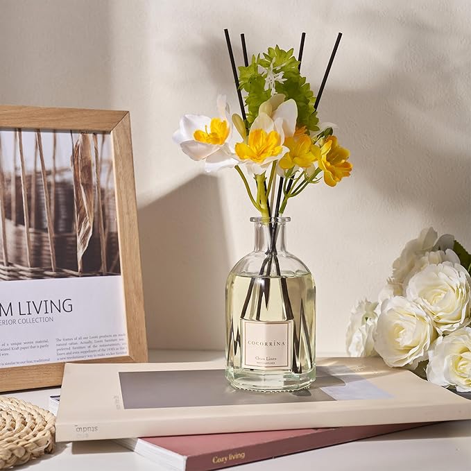 COCORRÍNA Reed Diffuser - Clean Linen 8.5 Fl.oz/ 250ml Flower Diffuser with 8 Sticks, Reed Diffusers for Home Bathroom Shelf Decor (Botanical Flower Collection)