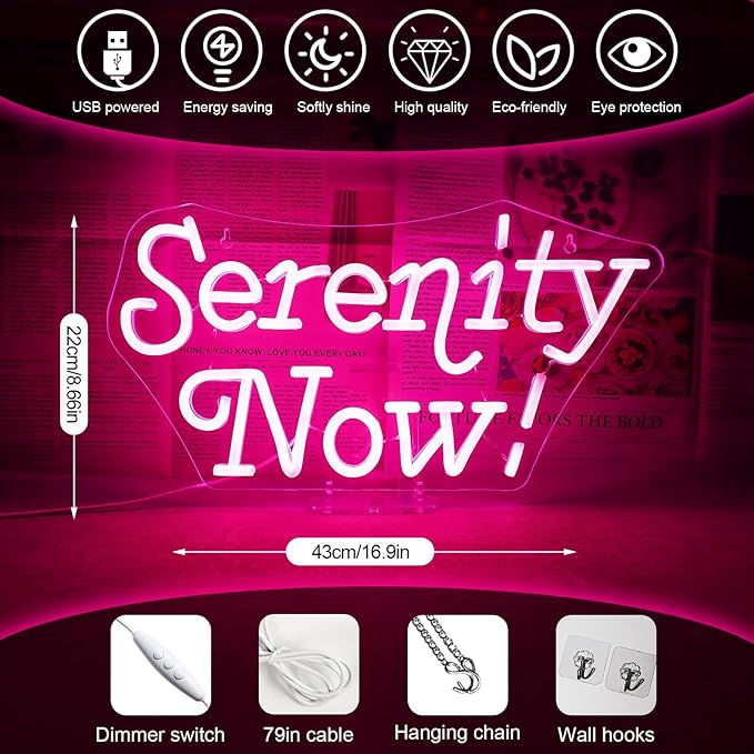 Serenity Now Neon Sign Wall Decor for Home USB led Sign Vibrant LED Wall Art Dimmable Energy Efficient for Home Office Bar Cafe Study room