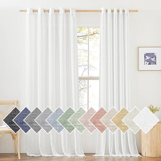 NICETOWN Faux Flax Linen Sheer Curtains for Privacy Protection, Grommet Rustic Flax Window Treatment Semi Sheer Drapes with Light Penetration for Farmhouse/Patio Door, Ivory, W70 x L96, Set of 2