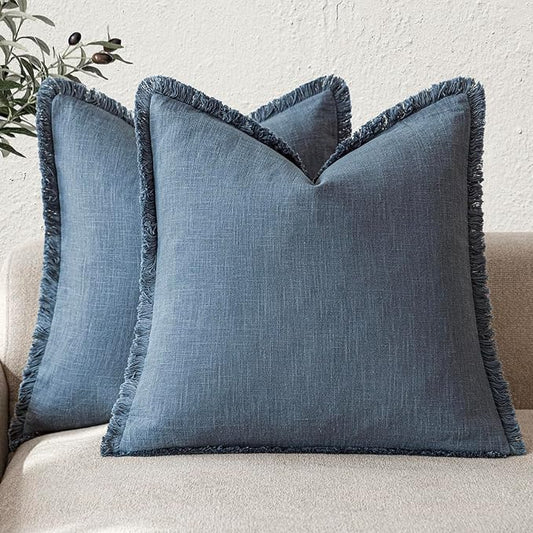 Foindtower Set of 2 Decorative Linen Fringe Throw Pillow Covers Cozy Farmhouse Cushion Cover with Tassels Accent Pillowcase for Couch Chair Sofa Bed Living Room Home Decor,24×24 Inch,Dark Blue