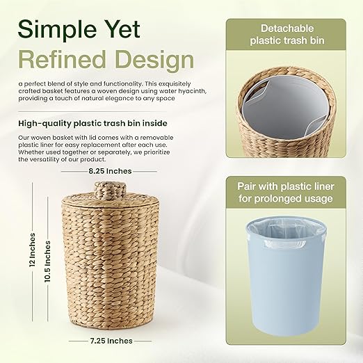 1.3 Gallons Wicker Waste Basket - Water Hyacinth Bathroom Garbage Can - Trash Can with Lid Boho Style - Wicker Trash Can with Lid for Household, Kitchen, Bedroom - Removable Liner, Iron Frame