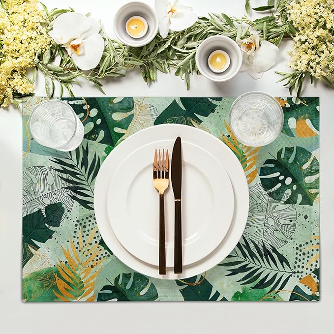 Tropical Palm Leaves Place Mats Set of 4 Green Gold Leaf Summer Washable Heat Resistant Table Mats Linen Fabric Table Mat 12×18 Inch for Party Kitchen Dining Home Decor