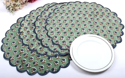 Ridhi Bo-ho Round Place Mat Double Layer Floral Cotton Washable Placemats 15" Round Embroidery Block Print Table Mat (Pack of 4-15 Inch Round, Basil Green)