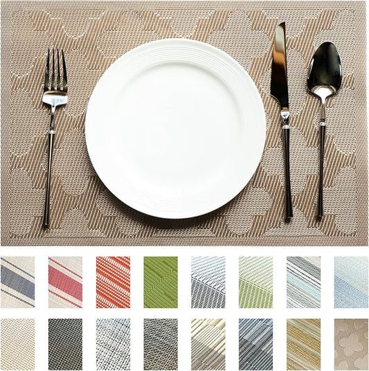 Placemats Set of 4 Vinyl/Plastic Woven Place Mats for Kitchen Table Indoor/Outdoor Washable Placemat Wipeable Dining Table Mats (Dark Brown Clover,4)