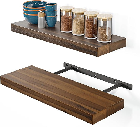 BATODA Set of 2 17" Acacia Wood Floating Shelves Wall Mounted – Rustic Farmhouse Wooden Wall Storage Shelf Bedroom, Kitchen, Home Décor - Brackets and Shelving Mounting for DIY (Walnut Color)