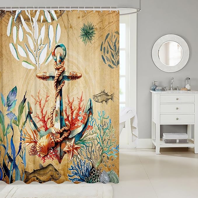 Feelyou Anchor Nautical Shower Curtain Shells and Corals Fabric Shower Curtain for Kids Boys Girls Adventure Themed Bathroom Waterproof Accessories with 12 Hooks Brown Curtains,72X72 Inches