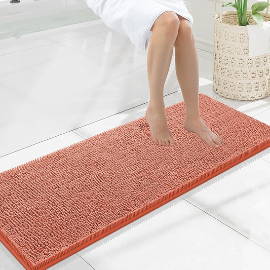 Smiry Luxury Chenille Bathroom Rugs 47x17, Extra Soft and Absorbent Shaggy Bath Mat, Machine Washable, Non-Slip Plush Carpet Runner for Tub, Shower, and Floor, Home Decor Accessories, Coral