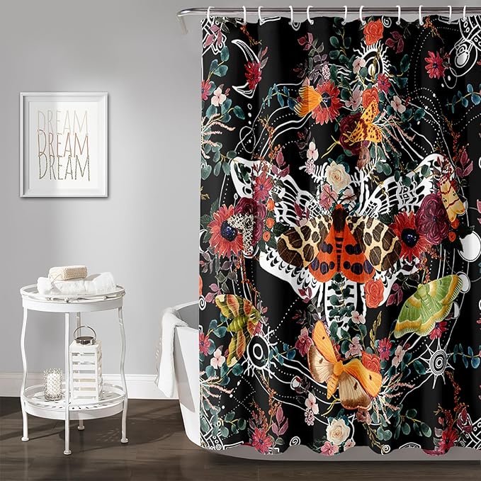 AILONEN Death Moth Shower Curtain,Sun Moon Shower Curtain Set for Kids Girls Boys,Boho Natural Plants Bathroom Decor Shower Curtain with 12 Hooks,48" W*72" H