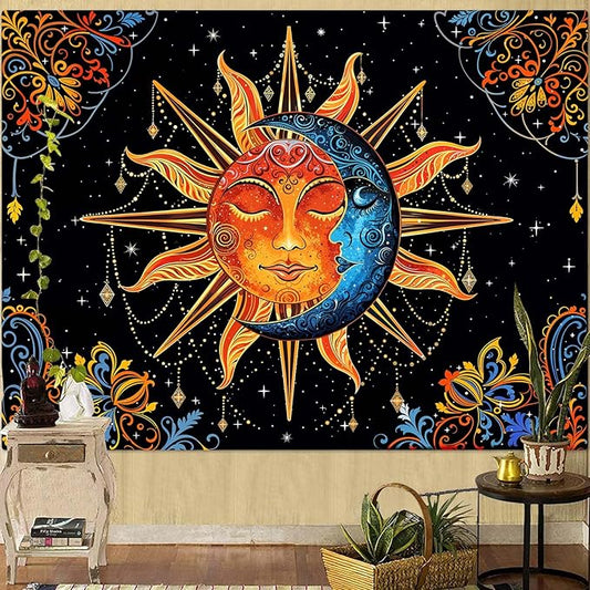 Lunerfex Sun and Moon Tapestry Mandala Wall Tapestry, Cute Tapestries for Bedroom Ceiling Tapestries Wall Hanging for Bedroom Living Room Wall Decor Sun-1 70"x90"