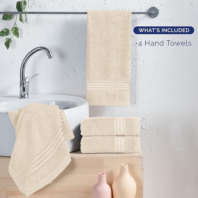 Elegant Comfort Premium Turkish Cotton 4 Pack Hand Towel Set - 16 x 28 inch, Luxurious Hotel Spa Quality 100% Turkish Cotton 4PC Hand Towel Set - Highly Absorbent - Soft Bathroom Towels, Ivory