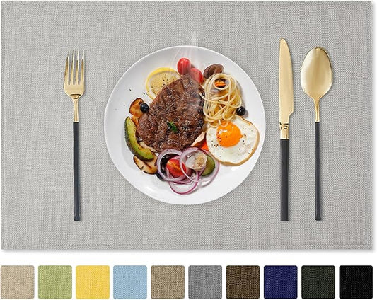 Romanstile Cloth Placemats Set of 8-12 x 18 Inch, Heat Resistant Double Layered Thickened Burlap Place Mats, Washable Linen Farmhouse Table Mats for Kitchen/Dining/Party/Outdoor, Light Grey