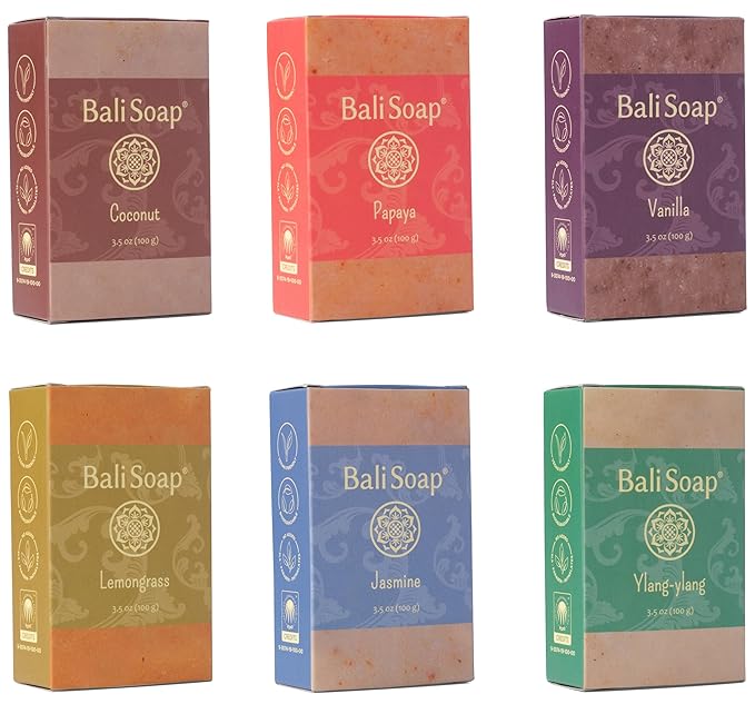 Bali Soap - Green Collection - Natural Bar Gift Set, Face Soap or Body, 6 pc Variety Soap Pack (Coconut, Papaya, Vanilla, Lemongrass, Jasmine, Ylang-Ylang) 3.5 Oz each