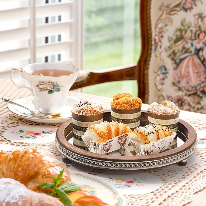 KULEDM Handmade Wooden Serving Tray, Small Beaded Coffee Table Tray Decor, Mirror Round Decorative Tray for Coffee Table, Dining Room Table Entryway and Living Room Table, TR700