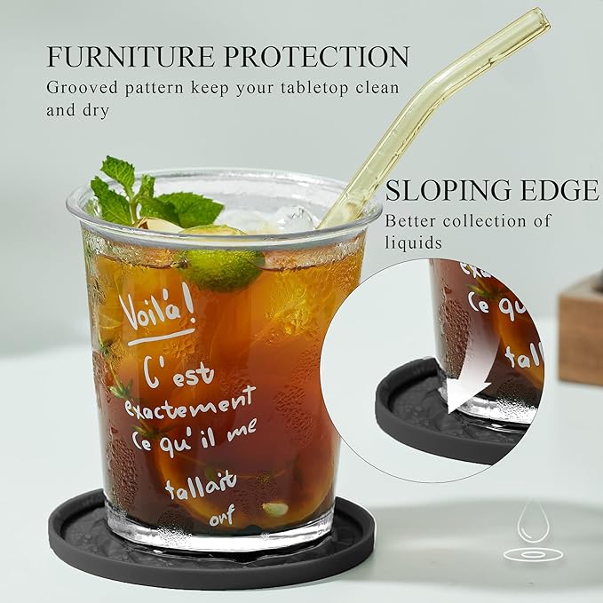 Silicone Coasters for Drinks[6 Pack]- Cup Mat with Holder for Tabletop Protection-Non-Slip, Non-Stick, Coffee Table Decor, Great Gift for Any Occasion, Black
