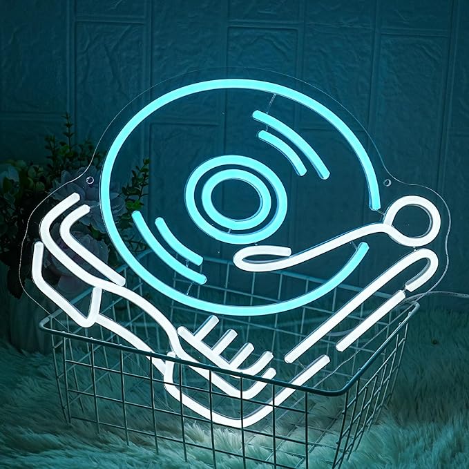 Record Player Neon Sign Retro Blue White Record Neon Light Neon Signs for Studio Decor Live Music Neon Light Sign for Bedroom Beer Bar Decoration