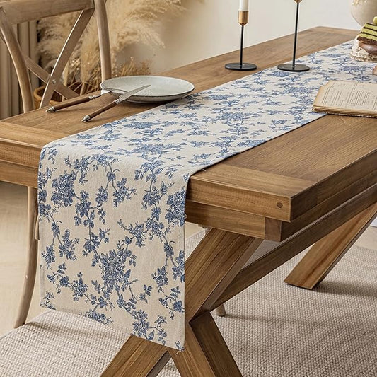 Pastoral Table Runner - 14 x 60 Inch Rectangle - Beige Linen - Washable Tabletop with Dust-Proof Wrinkle Resistant for Restaurant, Picnic, Indoor and Outdoor Dining, Floral (Dark Blue)