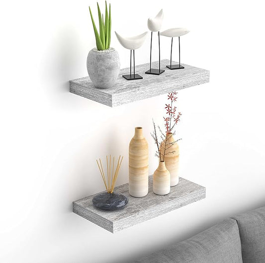 Floating Wall Shelves, 16” Hanging Shelf Set for Living Room, Office, Kitchen, Bathroom &, Perfect Home Room Wall Decor, Rustic Pattern Designed – (Rustic Whitewash 16")