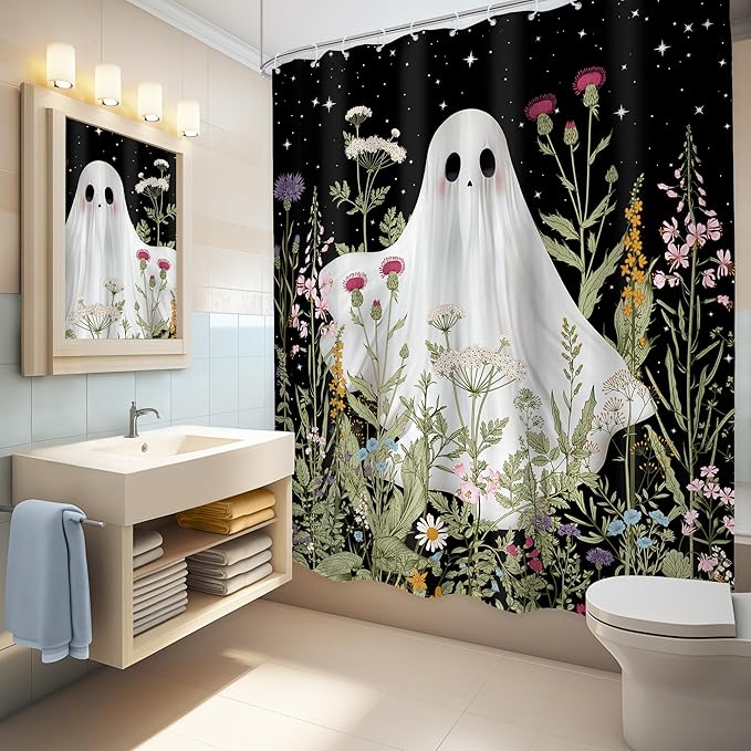 LGhtyro Funny Ghost Kids Shower Curtain Bathroom Set 60Wx71H Inches Halloween Spooky Wildflower Floral Rustic Plant Leaf Botanical Bath Accessories Starry Night Sky Art Home Decor Fabric 12 Pack Hooks