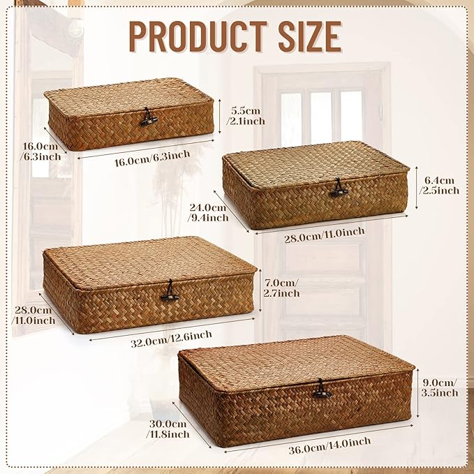 Set of 4 Seagrass Basket with Lid Wicker Storage Basket Decorative Storage Boxes with Lids Flat Storage Bins Woven Organizer Baskets for Shelf Closet Bedroom, 4 Sizes (Brown)
