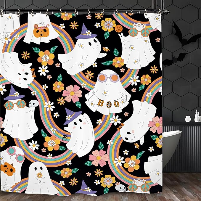 Halloween 70s Ghost Funny Shower Curtain 60Wx72L Inch 70s Groovy Funky Trendy Hippie Cute Horror Spooky Scary Rainbow Bathroom Set Accessories Decor with 12 Pack Hooks
