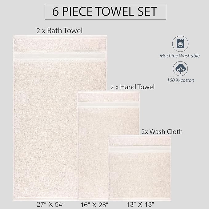 Quick-Dry, Soft & High Absorbent Bath Towels Cotton Turkish Bath Towel Set of 6 | Daily Use 100% Cotton Towels for Bathroom, Gym & More | Bathroom Towels Set (6 Pcs, Ivory Lace)