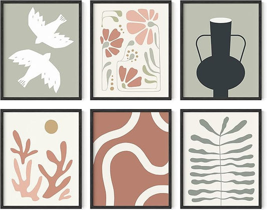 HAUS AND HUES Boho Pictures Wall Decor - Mid Century Modern Wall Art, Neutral Aesthetic, Botanical Wall Art Framed, Coral Artwork Wall Decor, Gallery Wall Frame Set (Framed Black 8x10)