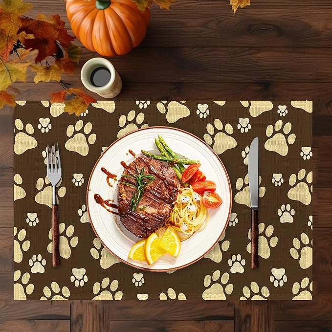 Placemats Set of 6, Cute Dog Paws Place Mats Washable Heat Resistant 12×18 Inch Linen Table Mats for Party Outdoor Dining Décor