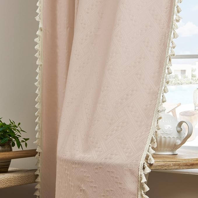 Joydeco Dusty Pink Boho Curtains 63 Inch Length 2 Panels, Super Soft Bohemian Farmhouse Curtains with Tassels, Semi Sheer Light Filtering Drapes for Bedroom Living Room (Rod Pocket, 52Wx63L)