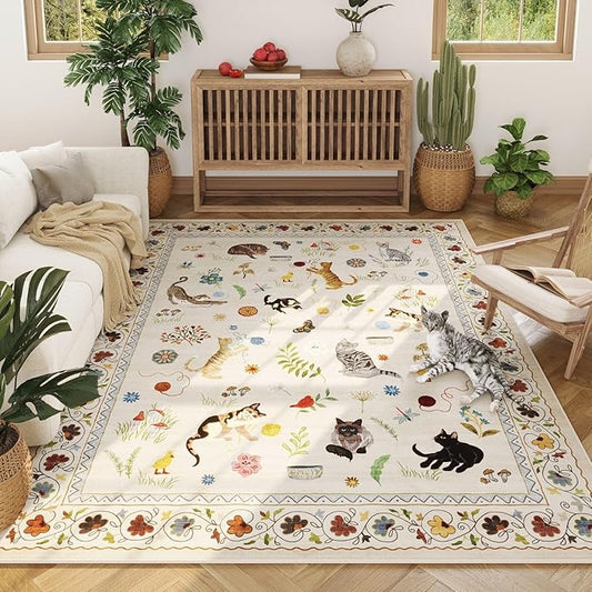 Living Room Rug 5x7 Rug Machine Washable Boho Area Rug Non Slip Floral Animal Cat Vintage Low Pile Large Rugs for Living Room Bedroom Farmhouse Dining Room Kids Playroom, Beige